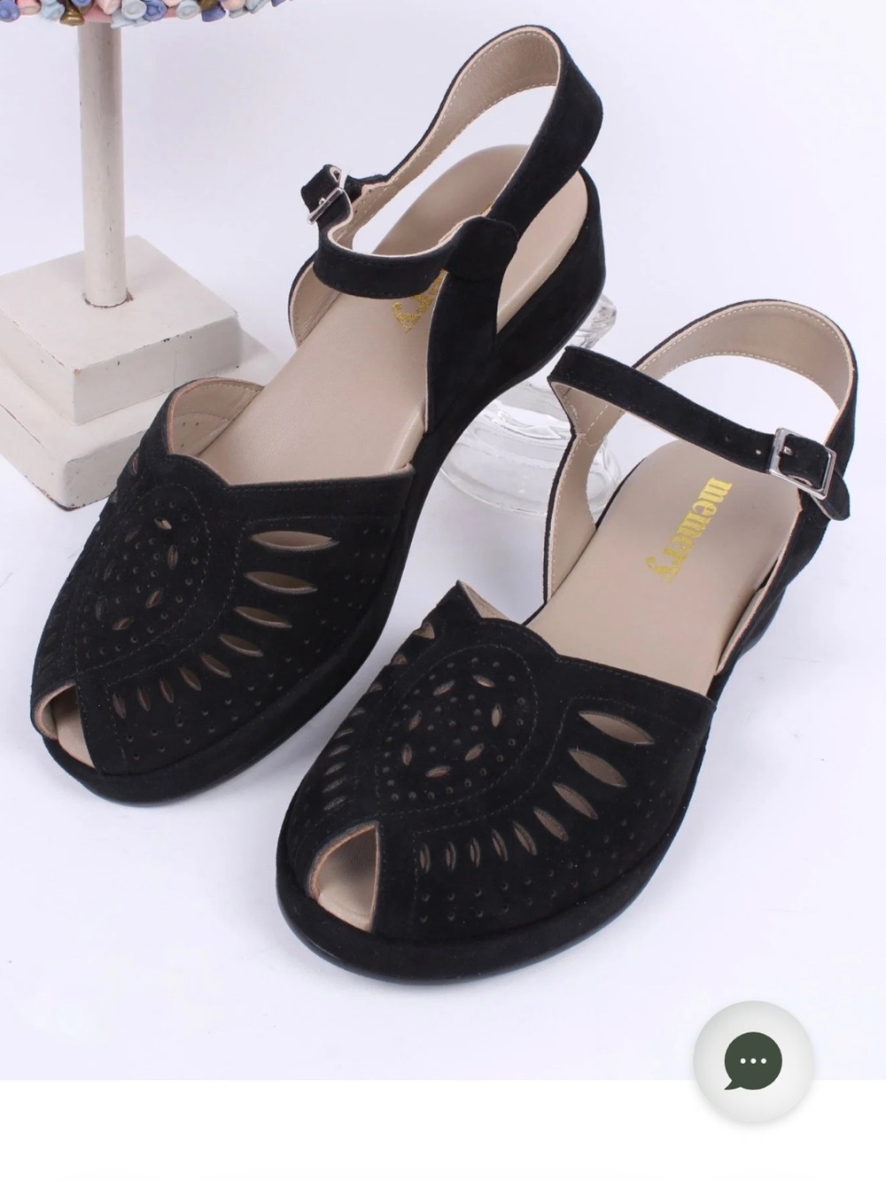 MEMERY SUEDE WEDGE SANDALS - BLACK - ELLA VINTAGE STYLE 1940S / 1950S LIKE NEW!